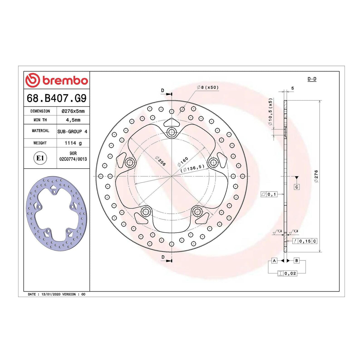 Brembo Prime Brake Disc Serie Oro Rear 68B407G9